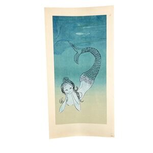 Mermaid Woodblock Print Mermaid‎ Art Unsigned 17"x8"
